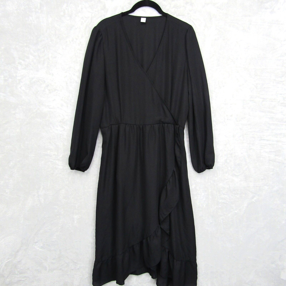 Old Navy Women's Black Faux Wrap Long Sleeve Dress Size L Sheer V Neck Ruffle